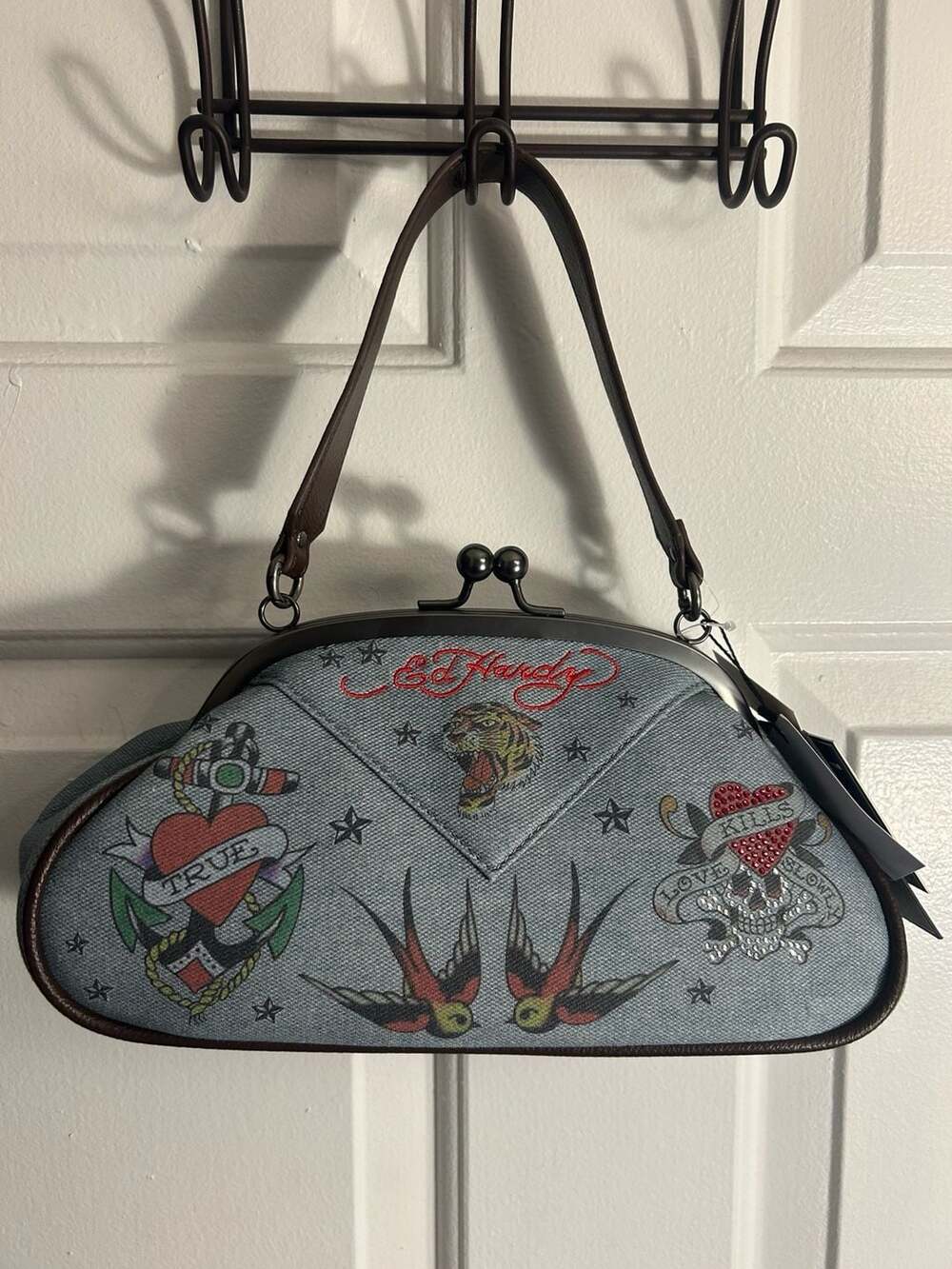 Ed Hardy Tattoo Print Denim Kisslock Shoulder Bag Style EHH486-42-DEO